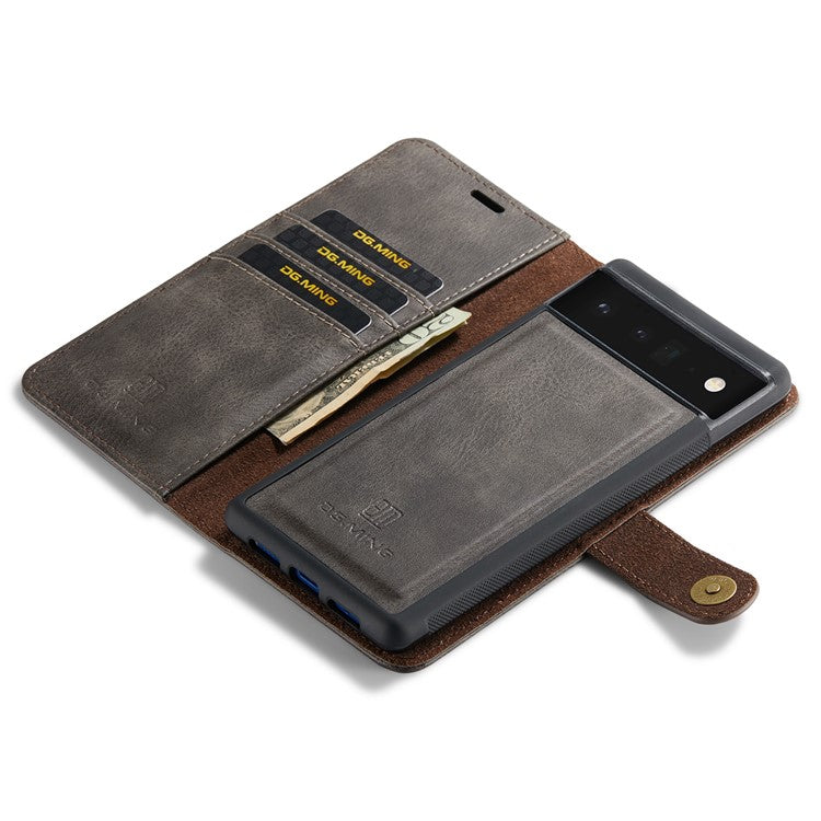DG.MING Split Leather Cover Wallet Stand Design Detachable Magnetic Absorption Phone Case for Google Pixel 6 - Grey