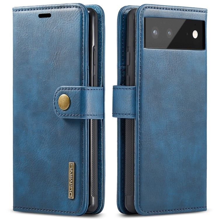 DG.MING Split Leather Cover Wallet Stand Design Detachable Magnetic Absorption Phone Case for Google Pixel 6 - Blue