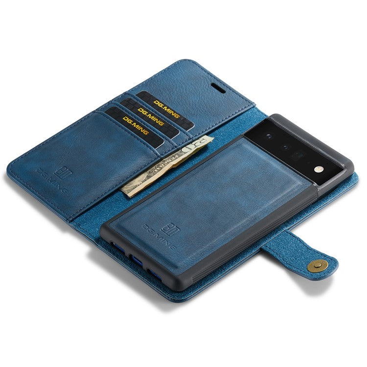 DG.MING Split Leather Cover Wallet Stand Design Detachable Magnetic Absorption Phone Case for Google Pixel 6 - Blue