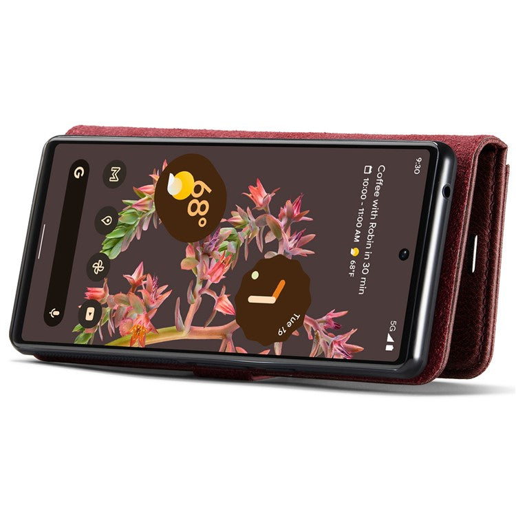 DG.MING Split Leather Cover Wallet Stand Design Detachable Magnetic Absorption Phone Case for Google Pixel 6 - Red