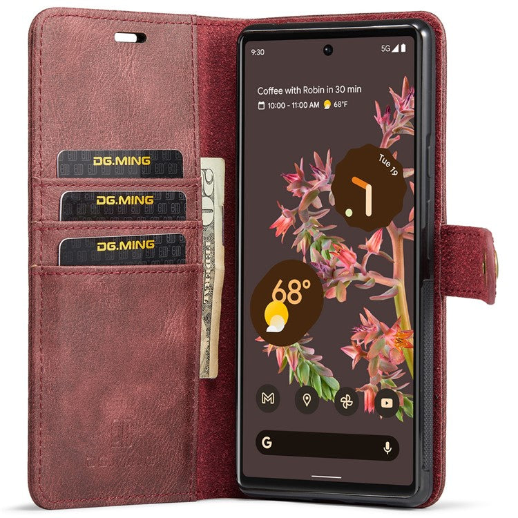 DG.MING Split Leather Cover Wallet Stand Design Detachable Magnetic Absorption Phone Case for Google Pixel 6 - Red