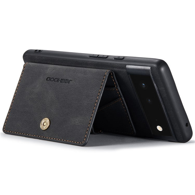 JEEHOOD Kickstand Function Detachable 2-in-1 Phone Case Drop-proof Wallet Magnetic Design Leather Coated TPU Cover for Google Pixel 6 - Black