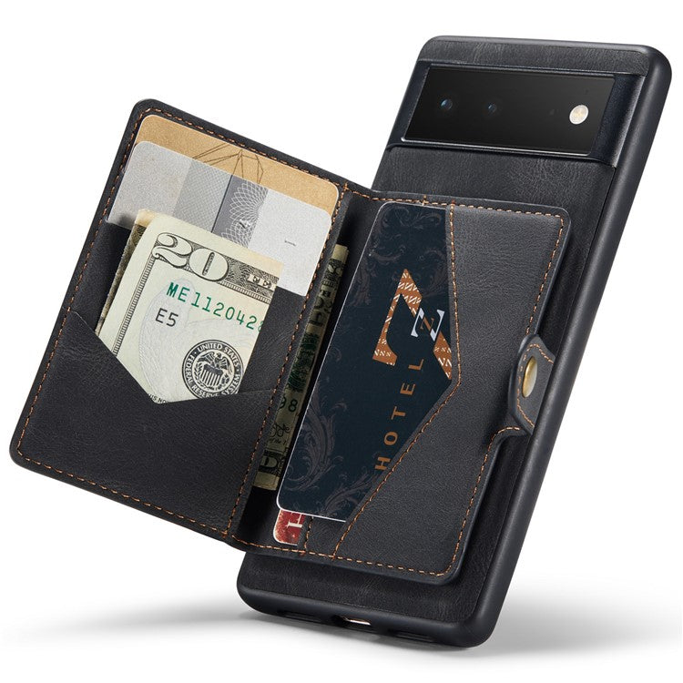 JEEHOOD Kickstand Function Detachable 2-in-1 Phone Case Drop-proof Wallet Magnetic Design Leather Coated TPU Cover for Google Pixel 6 - Black