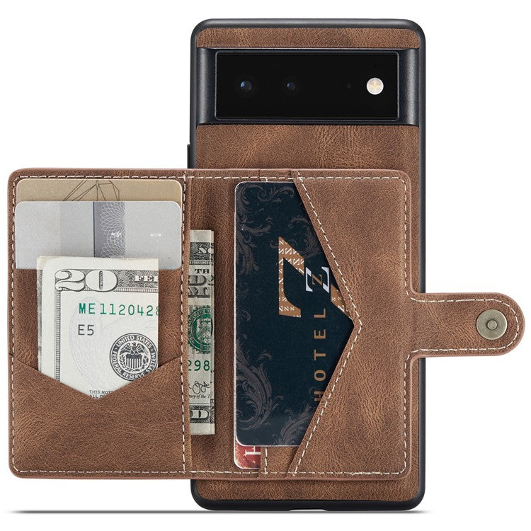 JEEHOOD Kickstand Function Detachable 2-in-1 Phone Case Drop-proof Wallet Magnetic Design Leather Coated TPU Cover for Google Pixel 6 - Brown