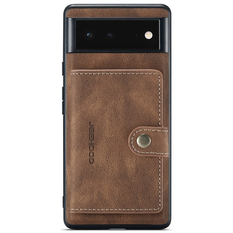 JEEHOOD Kickstand Function Detachable 2-in-1 Phone Case Drop-proof Wallet Magnetic Design Leather Coated TPU Cover for Google Pixel 6 - Brown