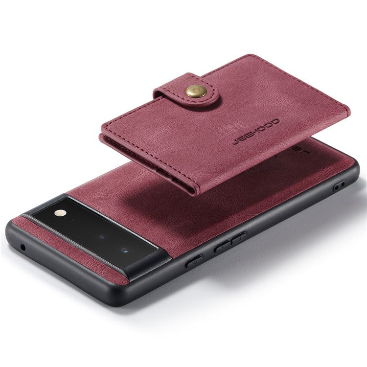 JEEHOOD Kickstand Function Detachable 2-in-1 Phone Case Drop-proof Wallet Magnetic Design Leather Coated TPU Cover for Google Pixel 6 - Red