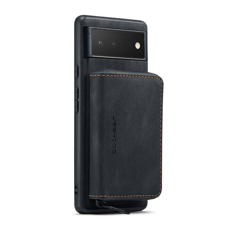 JEEHOOD Well-protected Anti-fall Kickstand Design Cover Leather Coated TPU Phone Case with Detachable Magnetic Zipper Wallet for Google Pixel 6 - Black