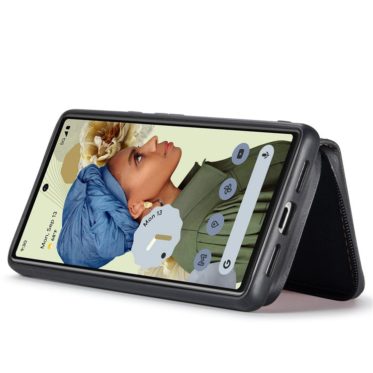 JEEHOOD Well-protected Anti-fall Kickstand Design Cover Leather Coated TPU Phone Case with Detachable Magnetic Zipper Wallet for Google Pixel 6 - Black