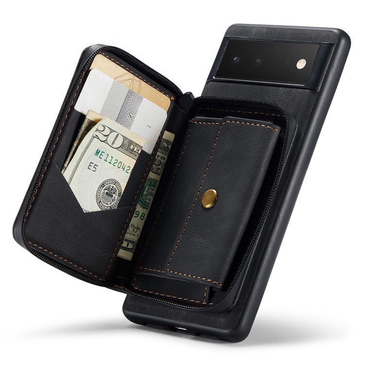 JEEHOOD Well-protected Anti-fall Kickstand Design Cover Leather Coated TPU Phone Case with Detachable Magnetic Zipper Wallet for Google Pixel 6 - Black
