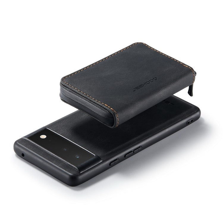 JEEHOOD Well-protected Anti-fall Kickstand Design Cover Leather Coated TPU Phone Case with Detachable Magnetic Zipper Wallet for Google Pixel 6 - Black