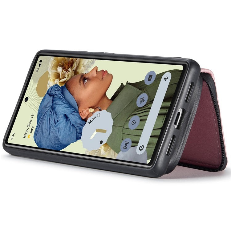 JEEHOOD Well-protected Anti-fall Kickstand Design Cover Leather Coated TPU Phone Case with Detachable Magnetic Zipper Wallet for Google Pixel 6 - Pink