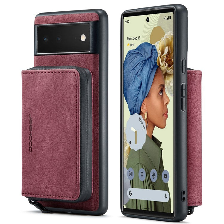 JEEHOOD Well-protected Anti-fall Kickstand Design Cover Leather Coated TPU Phone Case with Detachable Magnetic Zipper Wallet for Google Pixel 6 - Red