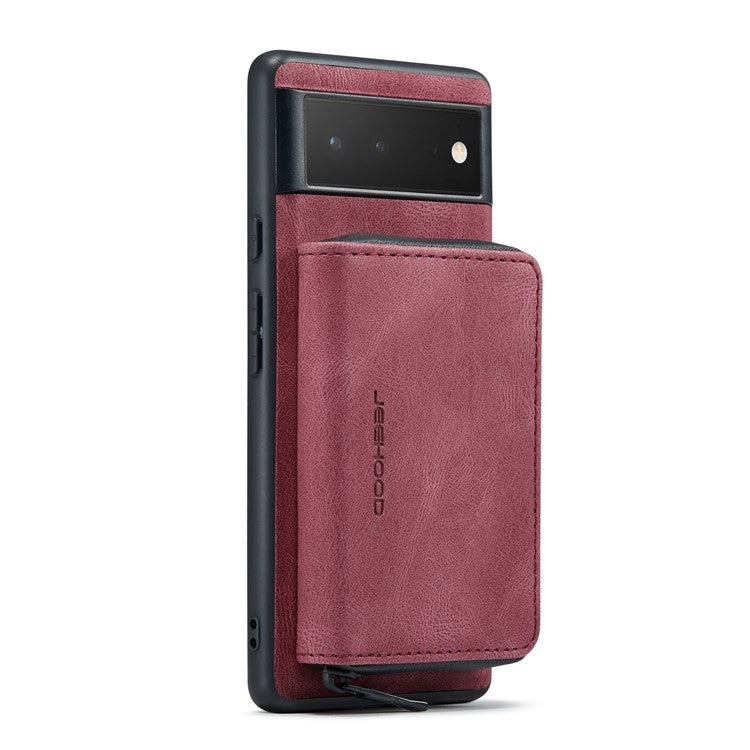 JEEHOOD Well-protected Anti-fall Kickstand Design Cover Leather Coated TPU Phone Case with Detachable Magnetic Zipper Wallet for Google Pixel 6 - Red
