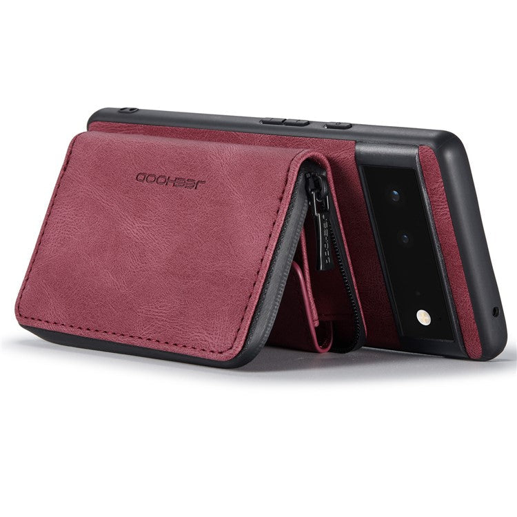 JEEHOOD Well-protected Anti-fall Kickstand Design Cover Leather Coated TPU Phone Case with Detachable Magnetic Zipper Wallet for Google Pixel 6 - Red