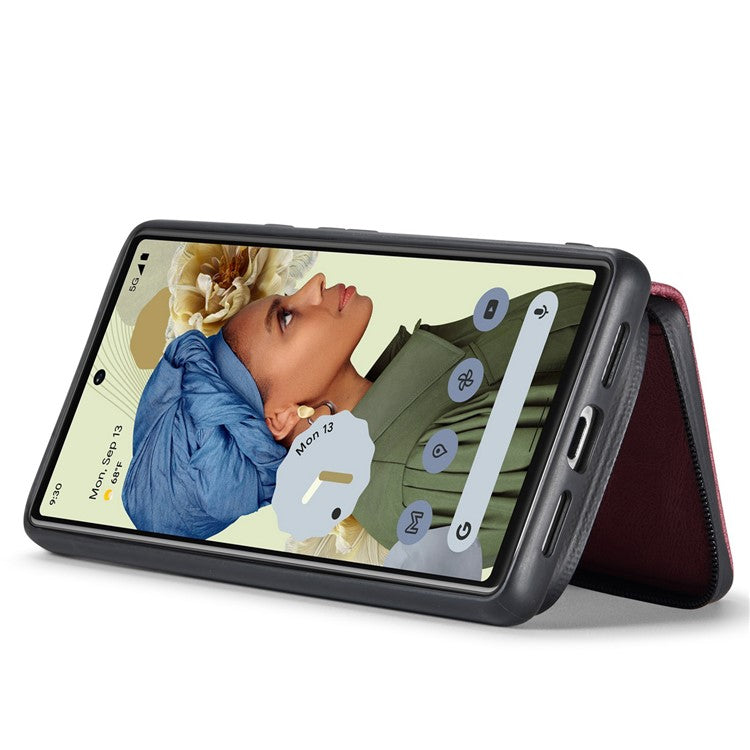 JEEHOOD Well-protected Anti-fall Kickstand Design Cover Leather Coated TPU Phone Case with Detachable Magnetic Zipper Wallet for Google Pixel 6 - Red