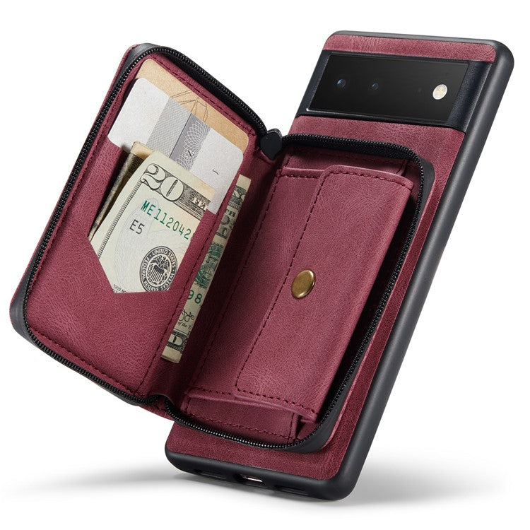 JEEHOOD Well-protected Anti-fall Kickstand Design Cover Leather Coated TPU Phone Case with Detachable Magnetic Zipper Wallet for Google Pixel 6 - Red