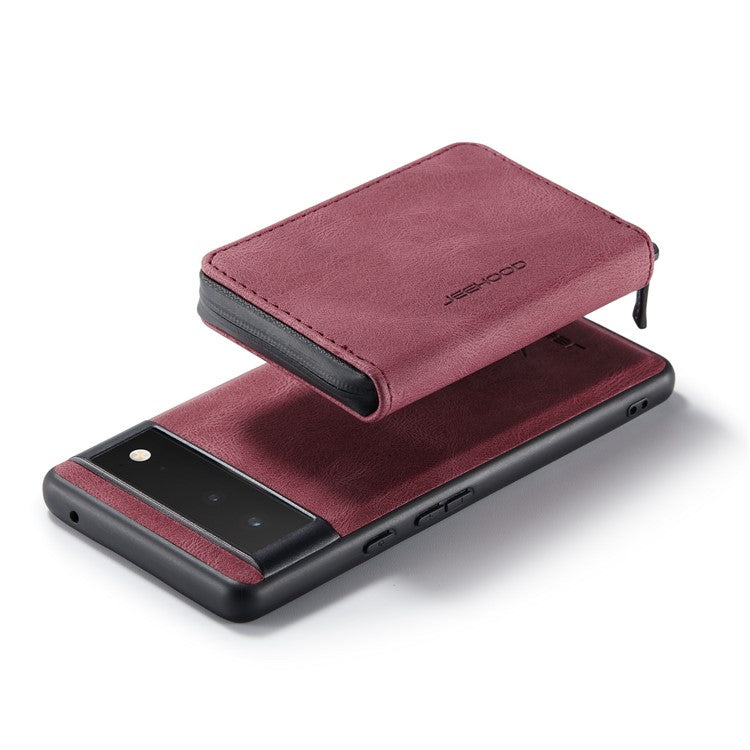 JEEHOOD Well-protected Anti-fall Kickstand Design Cover Leather Coated TPU Phone Case with Detachable Magnetic Zipper Wallet for Google Pixel 6 - Red