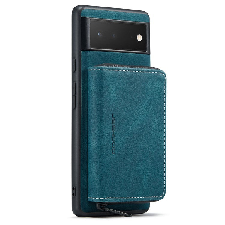 JEEHOOD Well-protected Anti-fall Kickstand Design Cover Leather Coated TPU Phone Case with Detachable Magnetic Zipper Wallet for Google Pixel 6 - Blue