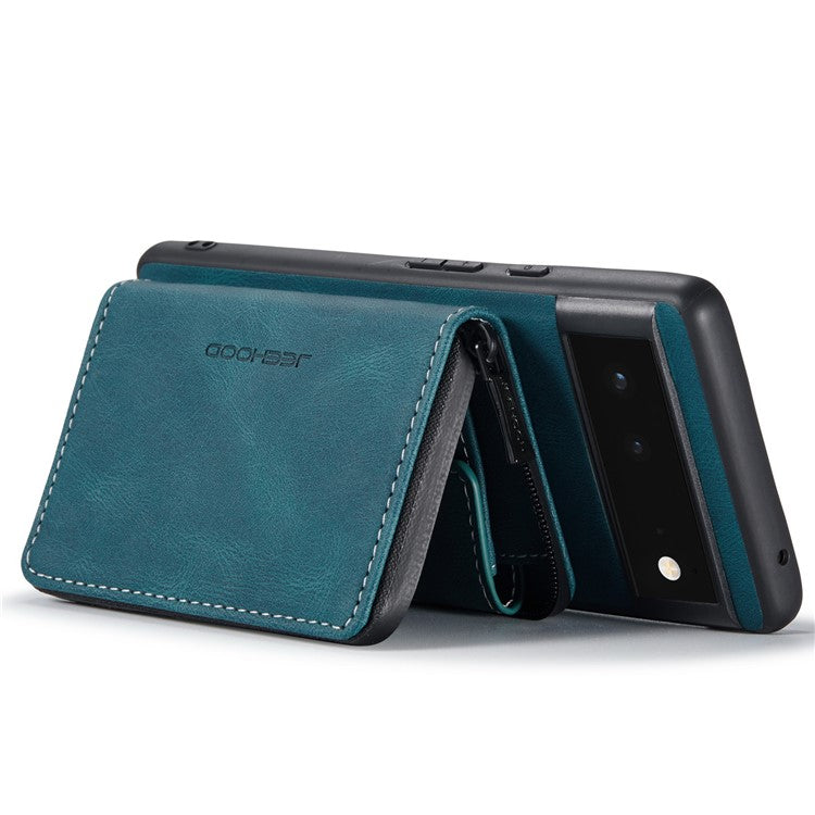 JEEHOOD Well-protected Anti-fall Kickstand Design Cover Leather Coated TPU Phone Case with Detachable Magnetic Zipper Wallet for Google Pixel 6 - Blue