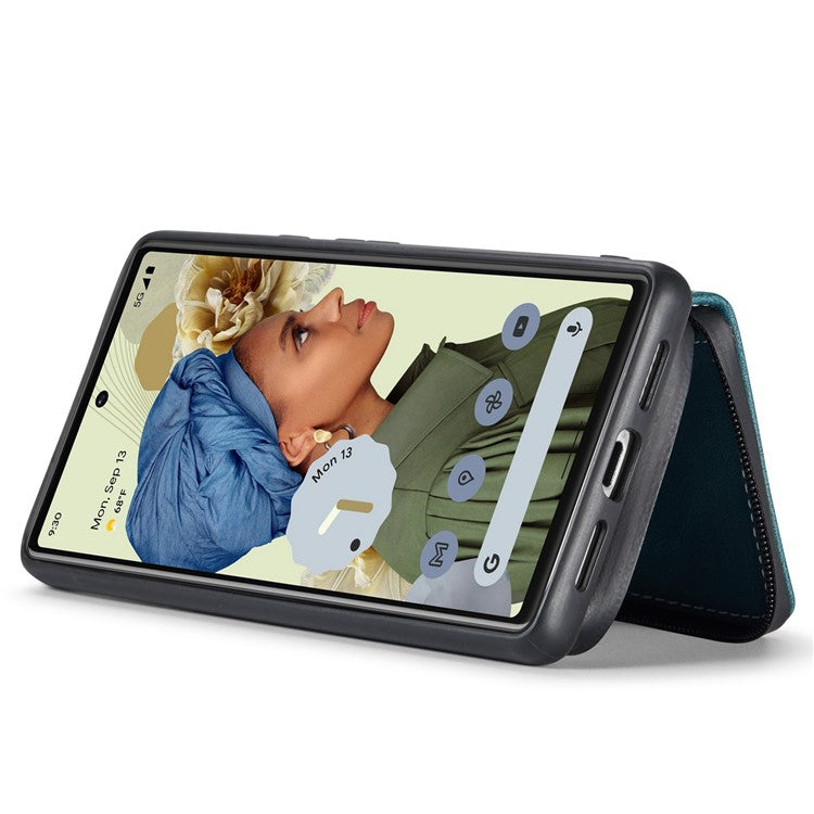 JEEHOOD Well-protected Anti-fall Kickstand Design Cover Leather Coated TPU Phone Case with Detachable Magnetic Zipper Wallet for Google Pixel 6 - Blue