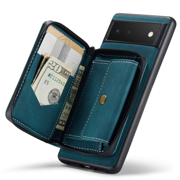 JEEHOOD Well-protected Anti-fall Kickstand Design Cover Leather Coated TPU Phone Case with Detachable Magnetic Zipper Wallet for Google Pixel 6 - Blue