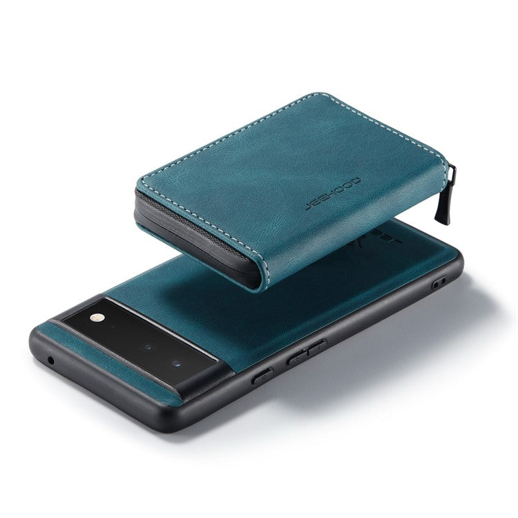 JEEHOOD Well-protected Anti-fall Kickstand Design Cover Leather Coated TPU Phone Case with Detachable Magnetic Zipper Wallet for Google Pixel 6 - Blue