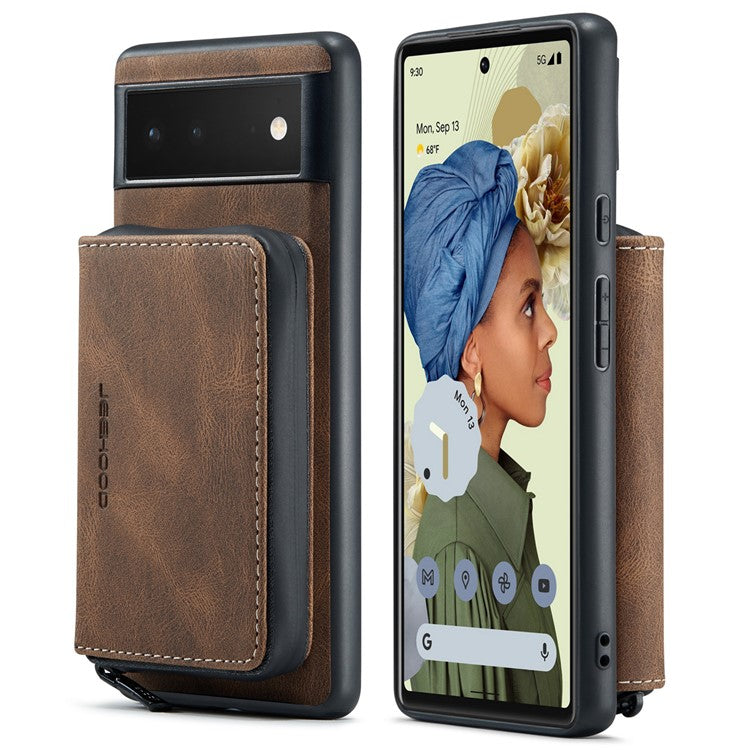 JEEHOOD Well-protected Anti-fall Kickstand Design Cover Leather Coated TPU Phone Case with Detachable Magnetic Zipper Wallet for Google Pixel 6 - Brown