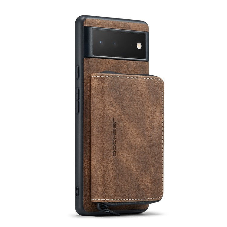 JEEHOOD Well-protected Anti-fall Kickstand Design Cover Leather Coated TPU Phone Case with Detachable Magnetic Zipper Wallet for Google Pixel 6 - Brown