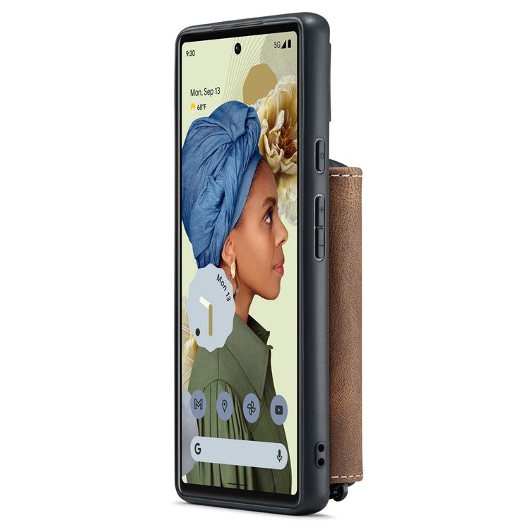 JEEHOOD Well-protected Anti-fall Kickstand Design Cover Leather Coated TPU Phone Case with Detachable Magnetic Zipper Wallet for Google Pixel 6 - Brown