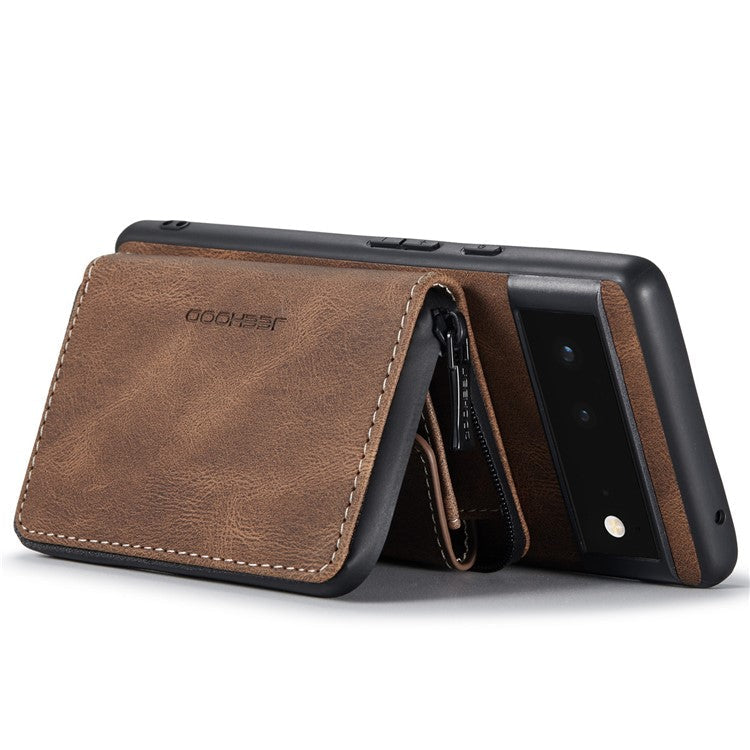JEEHOOD Well-protected Anti-fall Kickstand Design Cover Leather Coated TPU Phone Case with Detachable Magnetic Zipper Wallet for Google Pixel 6 - Brown