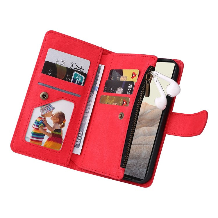 Skin-touch PU Leather Wallet Stand Flip Stripes Imprinted Case Zipper Pocket Card Holder Slots Cover with Strap for Google Pixel 6 - Red
