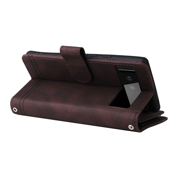 Skin-touch PU Leather Wallet Stand Flip Stripes Imprinted Case Zipper Pocket Card Holder Slots Cover with Strap for Google Pixel 6 - Brown