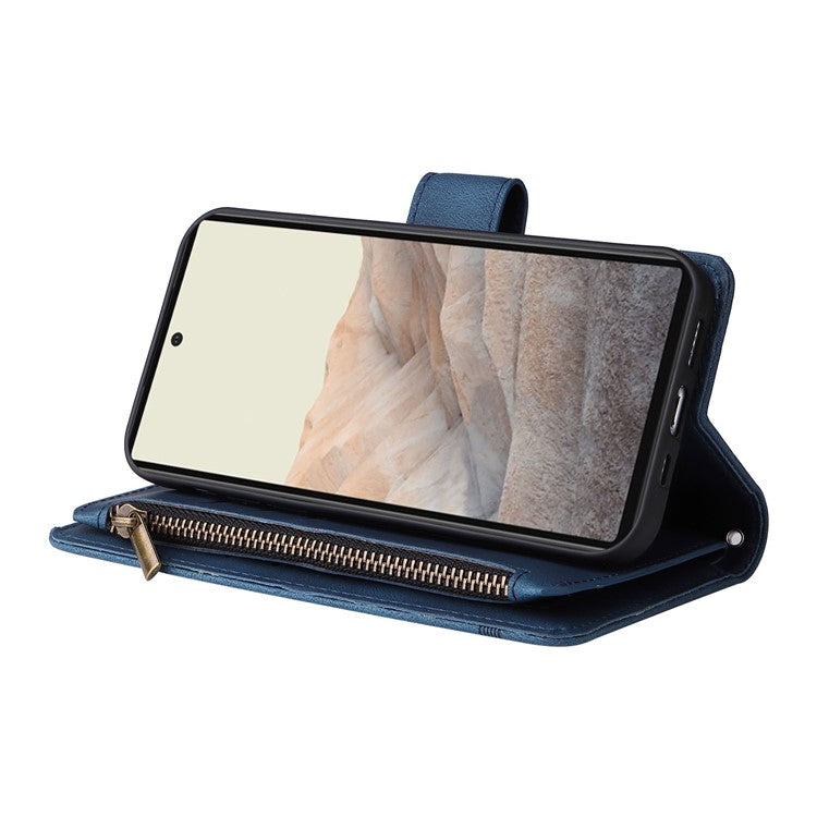 Skin-touch PU Leather Wallet Stand Flip Stripes Imprinted Case Zipper Pocket Card Holder Slots Cover with Strap for Google Pixel 6 - Blue