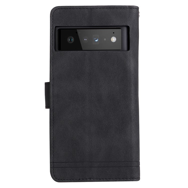 Imprinting Stripes Skin-touch PU Leather Stand Flip Zipper Pocket Cover Card Holder Slots Magnetic Closure Shockproof Case with Strap for Google Pixel 6 Pro - Black