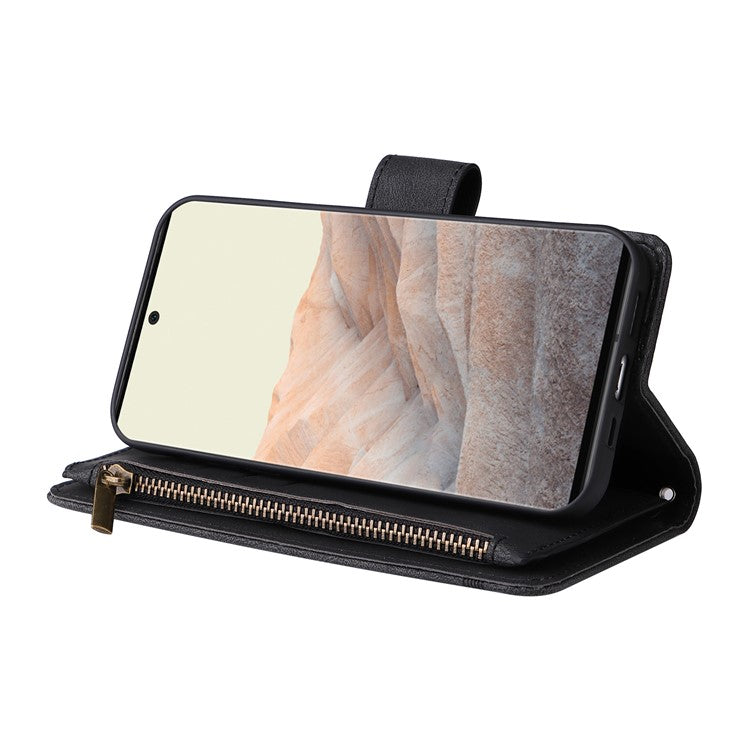 Imprinting Stripes Skin-touch PU Leather Stand Flip Zipper Pocket Cover Card Holder Slots Magnetic Closure Shockproof Case with Strap for Google Pixel 6 Pro - Black