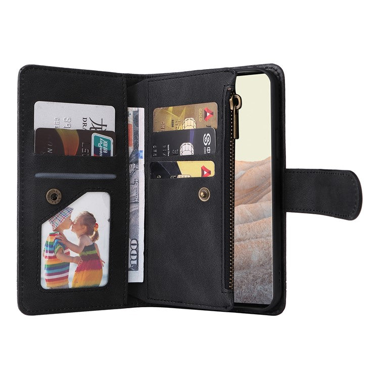 Imprinting Stripes Skin-touch PU Leather Stand Flip Zipper Pocket Cover Card Holder Slots Magnetic Closure Shockproof Case with Strap for Google Pixel 6 Pro - Black