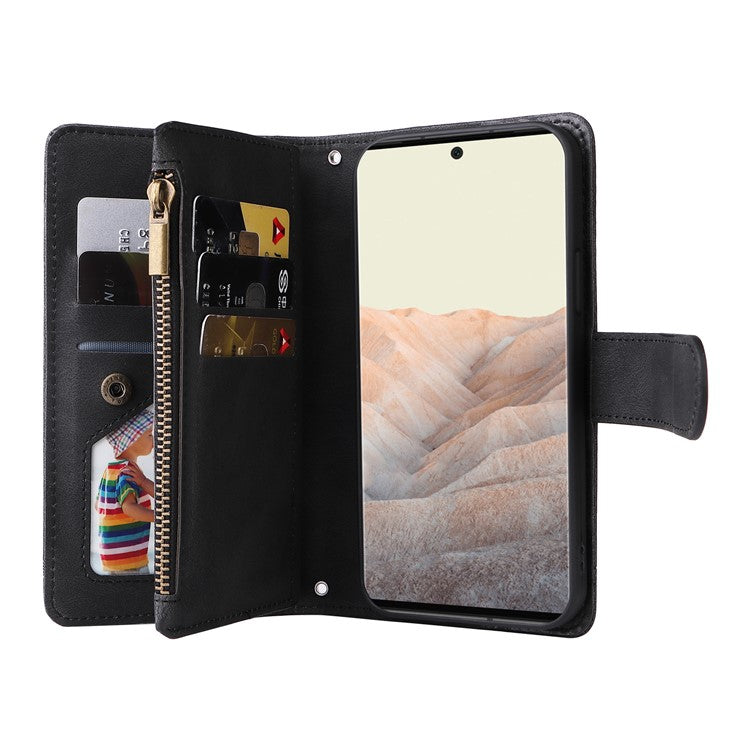 Imprinting Stripes Skin-touch PU Leather Stand Flip Zipper Pocket Cover Card Holder Slots Magnetic Closure Shockproof Case with Strap for Google Pixel 6 Pro - Black