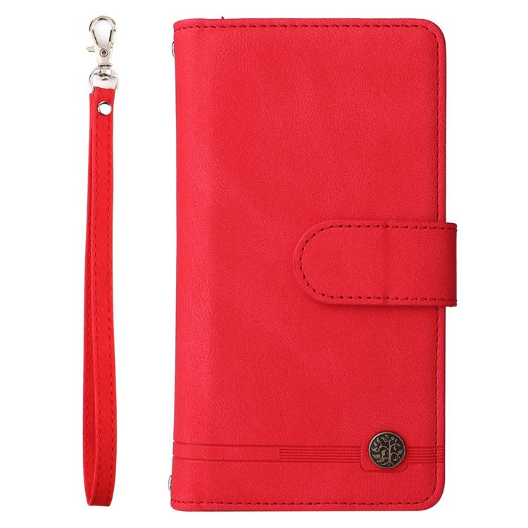 Imprinting Stripes Skin-touch PU Leather Stand Flip Zipper Pocket Cover Card Holder Slots Magnetic Closure Shockproof Case with Strap for Google Pixel 6 Pro - Red