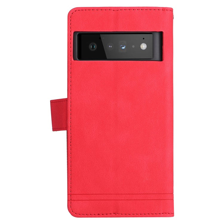 Imprinting Stripes Skin-touch PU Leather Stand Flip Zipper Pocket Cover Card Holder Slots Magnetic Closure Shockproof Case with Strap for Google Pixel 6 Pro - Red