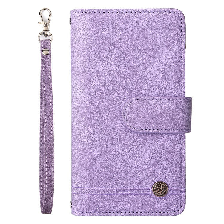 Imprinting Stripes Skin-touch PU Leather Stand Flip Zipper Pocket Cover Card Holder Slots Magnetic Closure Shockproof Case with Strap for Google Pixel 6 Pro - Purple