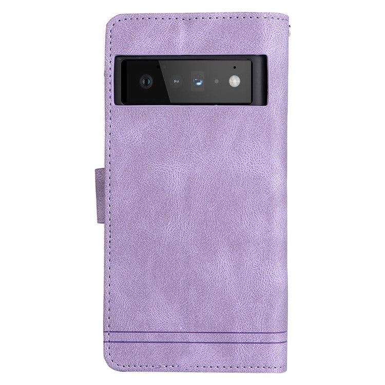 Imprinting Stripes Skin-touch PU Leather Stand Flip Zipper Pocket Cover Card Holder Slots Magnetic Closure Shockproof Case with Strap for Google Pixel 6 Pro - Purple