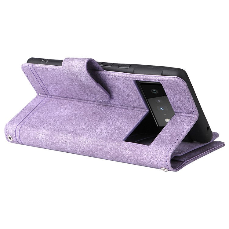 Imprinting Stripes Skin-touch PU Leather Stand Flip Zipper Pocket Cover Card Holder Slots Magnetic Closure Shockproof Case with Strap for Google Pixel 6 Pro - Purple