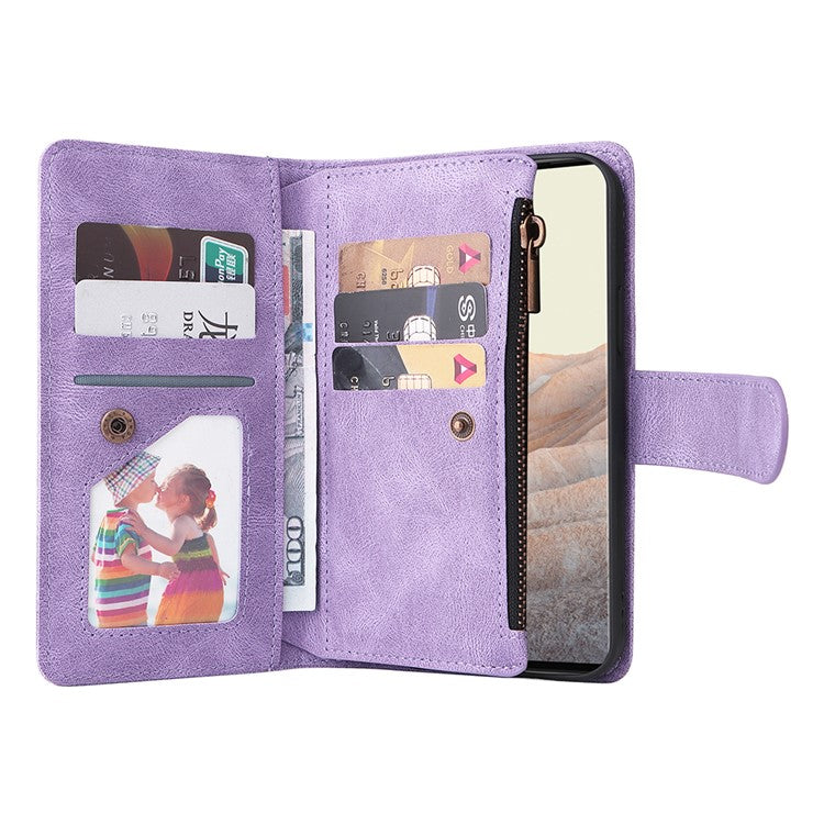Imprinting Stripes Skin-touch PU Leather Stand Flip Zipper Pocket Cover Card Holder Slots Magnetic Closure Shockproof Case with Strap for Google Pixel 6 Pro - Purple