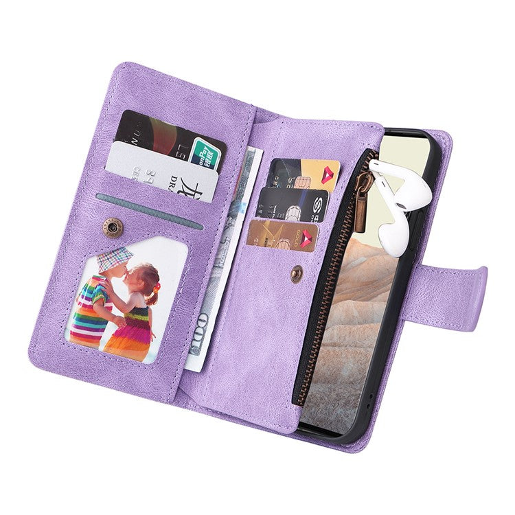 Imprinting Stripes Skin-touch PU Leather Stand Flip Zipper Pocket Cover Card Holder Slots Magnetic Closure Shockproof Case with Strap for Google Pixel 6 Pro - Purple