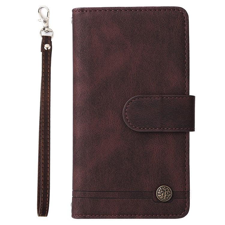 Imprinting Stripes Skin-touch PU Leather Stand Flip Zipper Pocket Cover Card Holder Slots Magnetic Closure Shockproof Case with Strap for Google Pixel 6 Pro - Brown