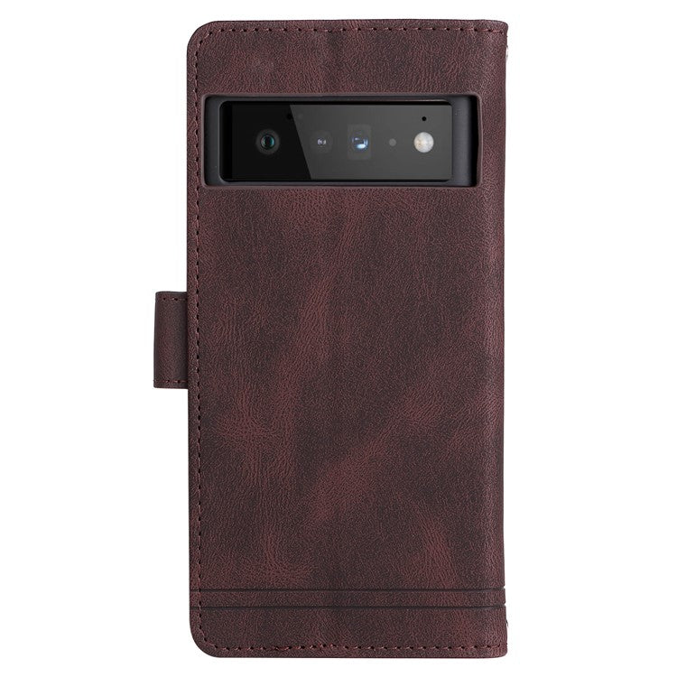 Imprinting Stripes Skin-touch PU Leather Stand Flip Zipper Pocket Cover Card Holder Slots Magnetic Closure Shockproof Case with Strap for Google Pixel 6 Pro - Brown