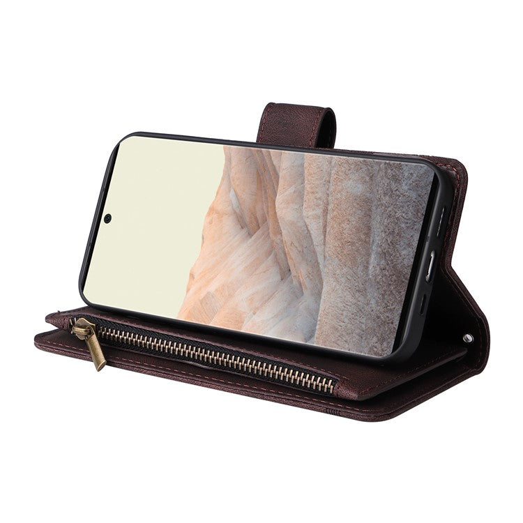 Imprinting Stripes Skin-touch PU Leather Stand Flip Zipper Pocket Cover Card Holder Slots Magnetic Closure Shockproof Case with Strap for Google Pixel 6 Pro - Brown