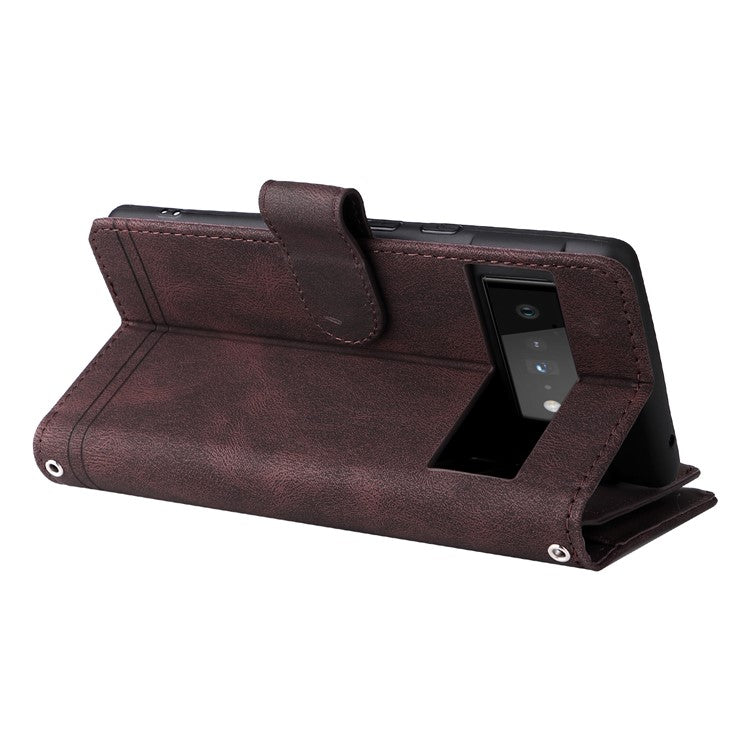 Imprinting Stripes Skin-touch PU Leather Stand Flip Zipper Pocket Cover Card Holder Slots Magnetic Closure Shockproof Case with Strap for Google Pixel 6 Pro - Brown