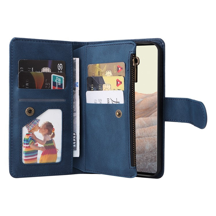 Imprinting Stripes Skin-touch PU Leather Stand Flip Zipper Pocket Cover Card Holder Slots Magnetic Closure Shockproof Case with Strap for Google Pixel 6 Pro - Blue