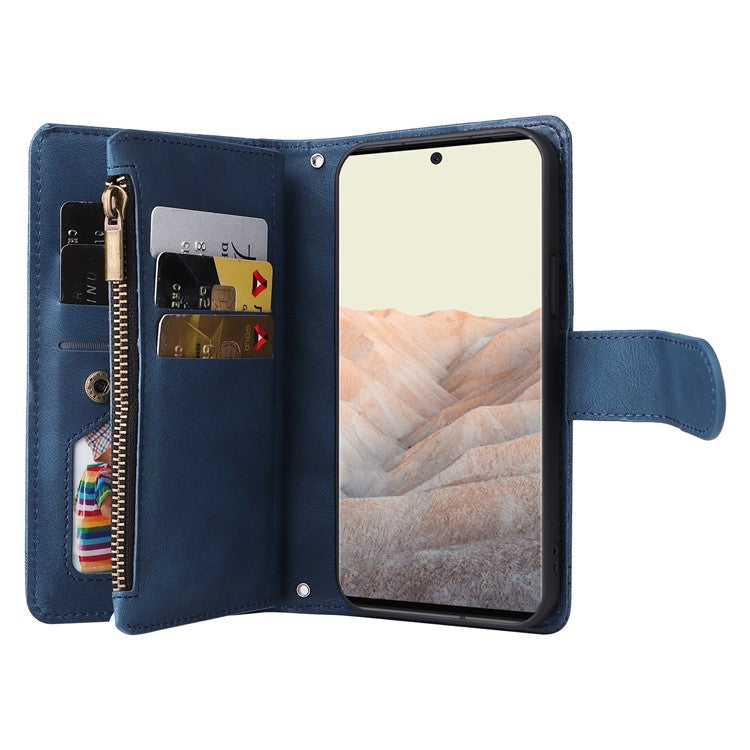 Imprinting Stripes Skin-touch PU Leather Stand Flip Zipper Pocket Cover Card Holder Slots Magnetic Closure Shockproof Case with Strap for Google Pixel 6 Pro - Blue